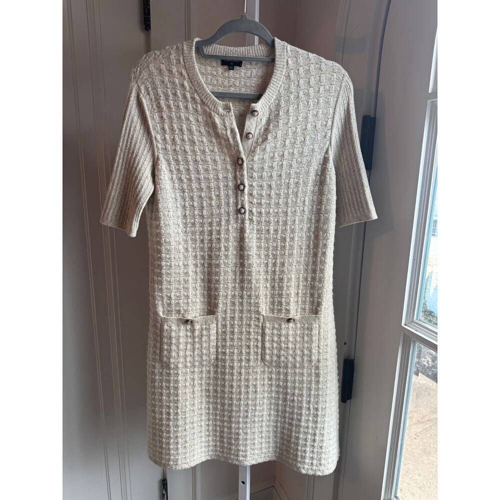 Chanel Button Neck Short Sleeve Ivory Knee Length Mini Dress FR 40 US 8 Knit